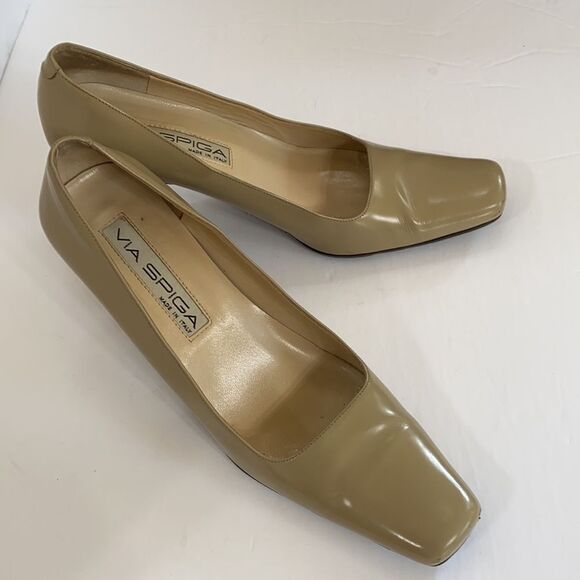 Via Spiga Neutral Tan Color Square Toe Pump Heels - Picture 2 of 9